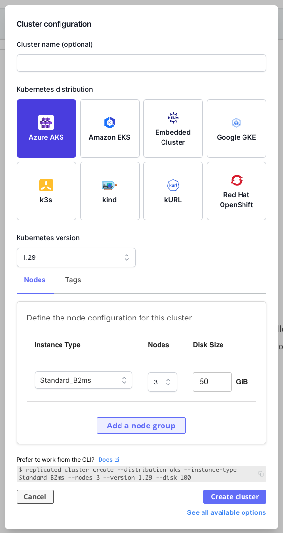 Cluster configuration dialog